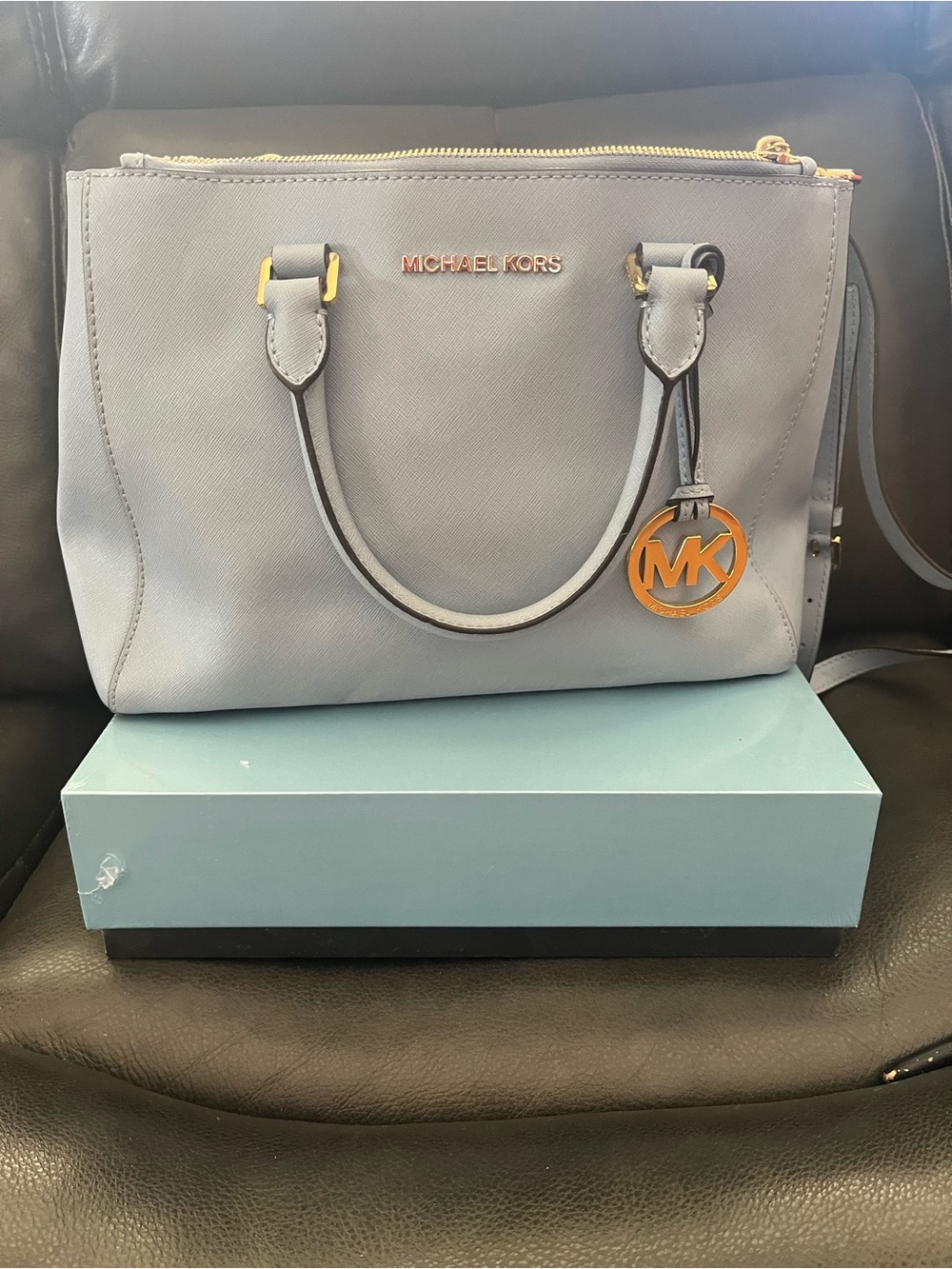 Michael Kors Light Blue Saffiano Leather Satchel with Gold Hardware. MK charm.